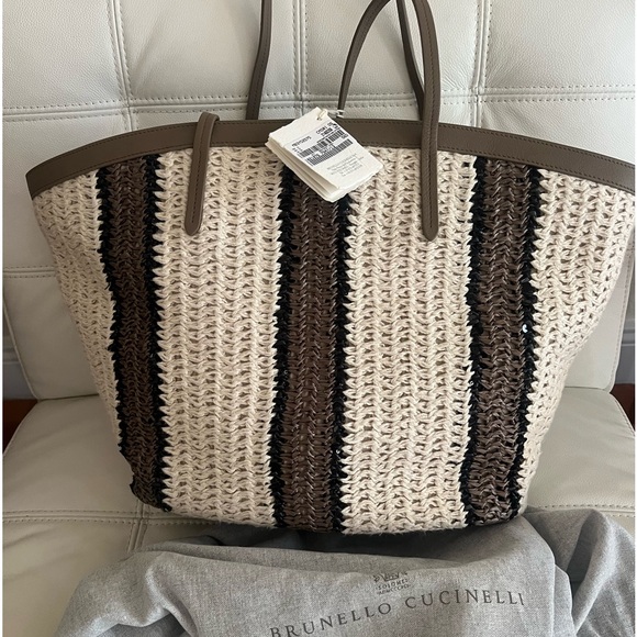 NWT 3K Brunello Cucinelli Italy Brown Cream Sequins Knitted Tote Handbag Bag - Picture 5 of 14